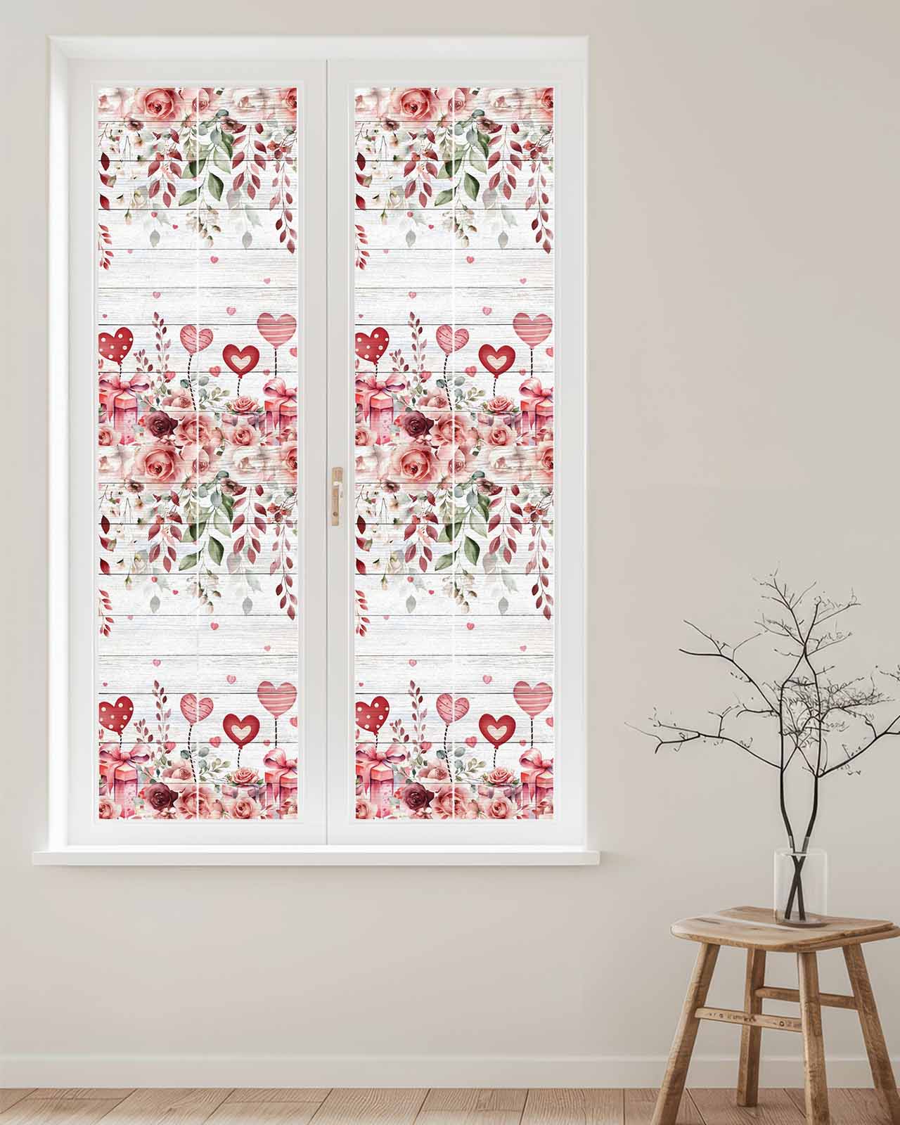 Pink Valentine's Day Window Privacy Film Stained Glass Window Film Decorative Windows Cover Static Windows Cling for Glass Door Spring Floral Wooden Love Heart Stickers for Bathroom 23.6"x78.7"