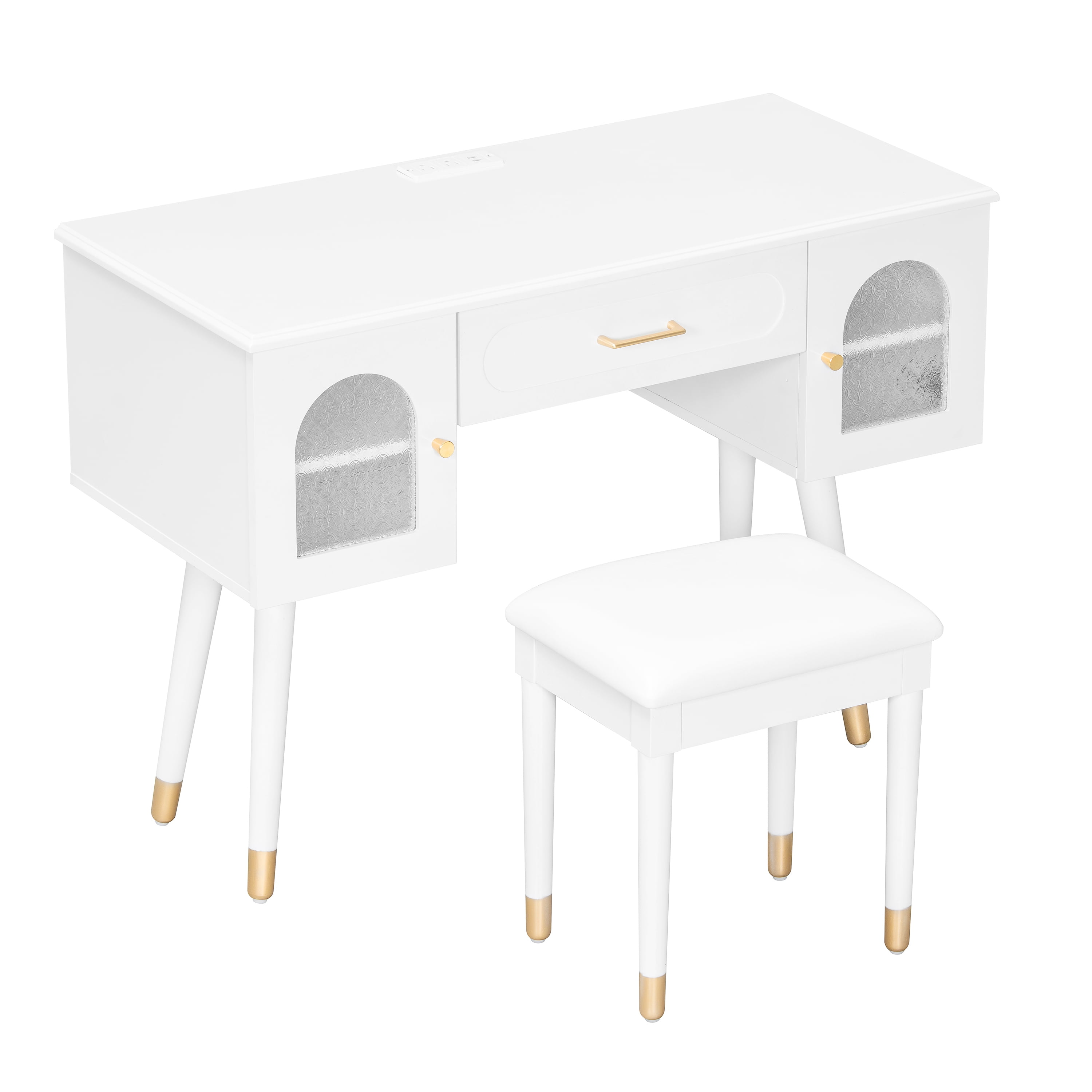 Yoneston Vanity Set with Charging Station 2 Outlets & USB Ports, 4 Drawers, Arched Glass Doors & Upholstered Stool, White