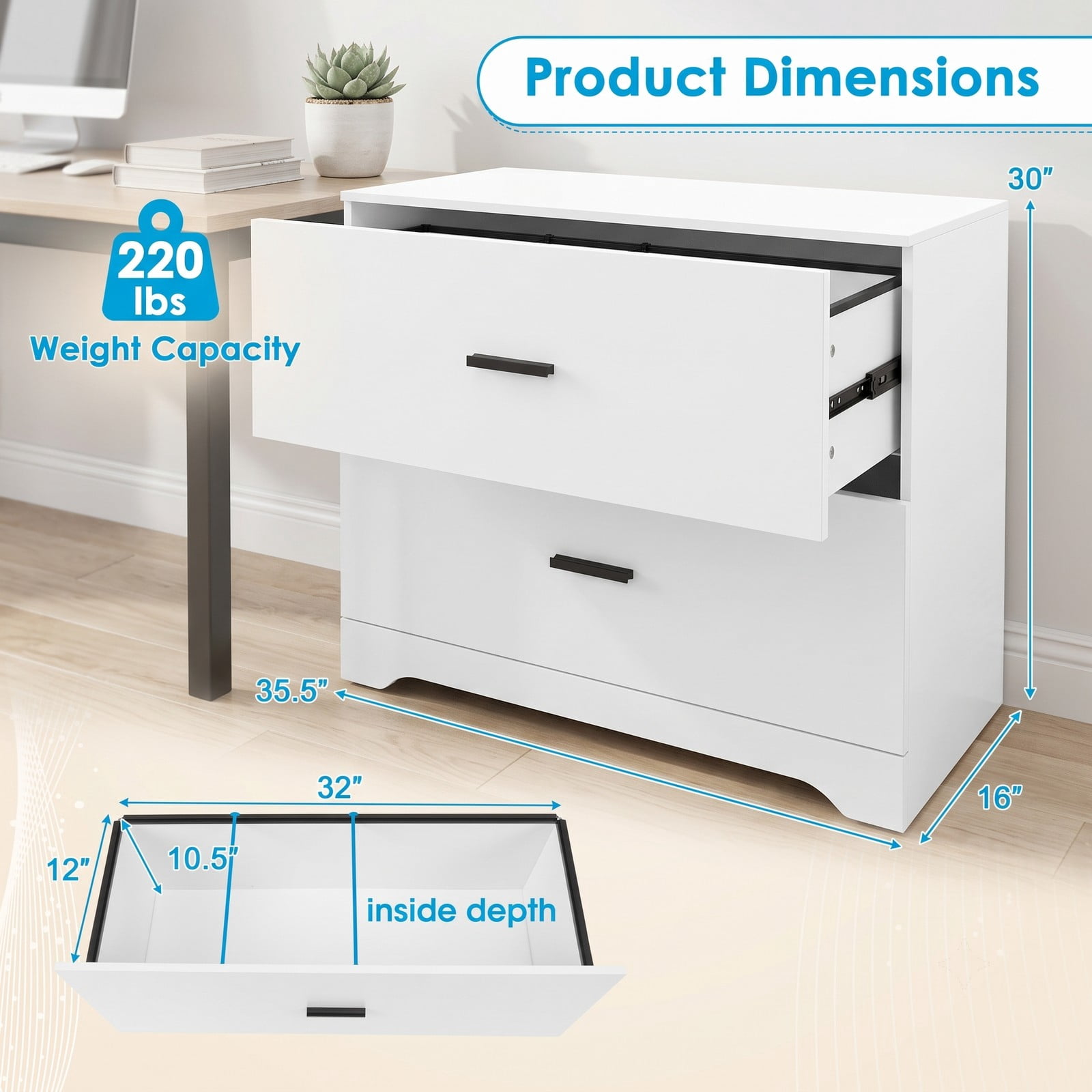 Furnibear 2-Drawer Lateral File Cabinet with Adjustable Bars, Wood Filing Storage Cabinet for Letter Legal A4 Documents, Anti-Tilt Home Office Printer Stand, White