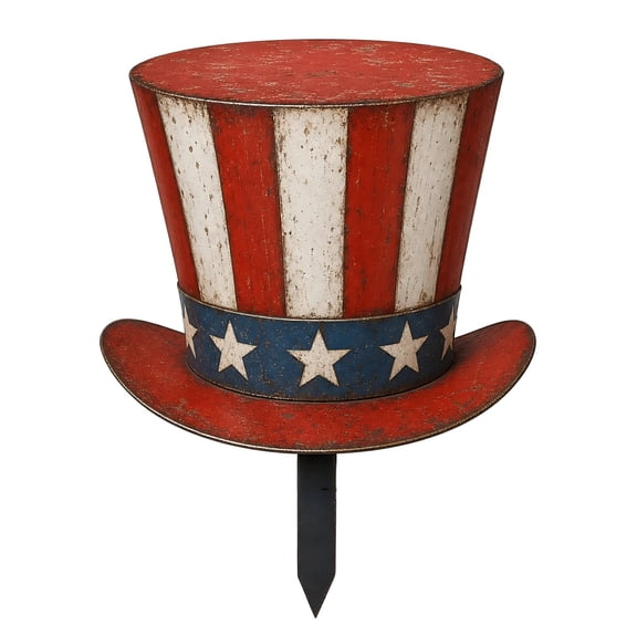 12 Inch Metal Garden Stake, Patriotic Red White Blue Yard Art, Weather Resistant Iron Outdoor Decor for Independence Day 4th of July Memorial Day, Lawn Flower Bed Porch Walkway Decoration(Hat)