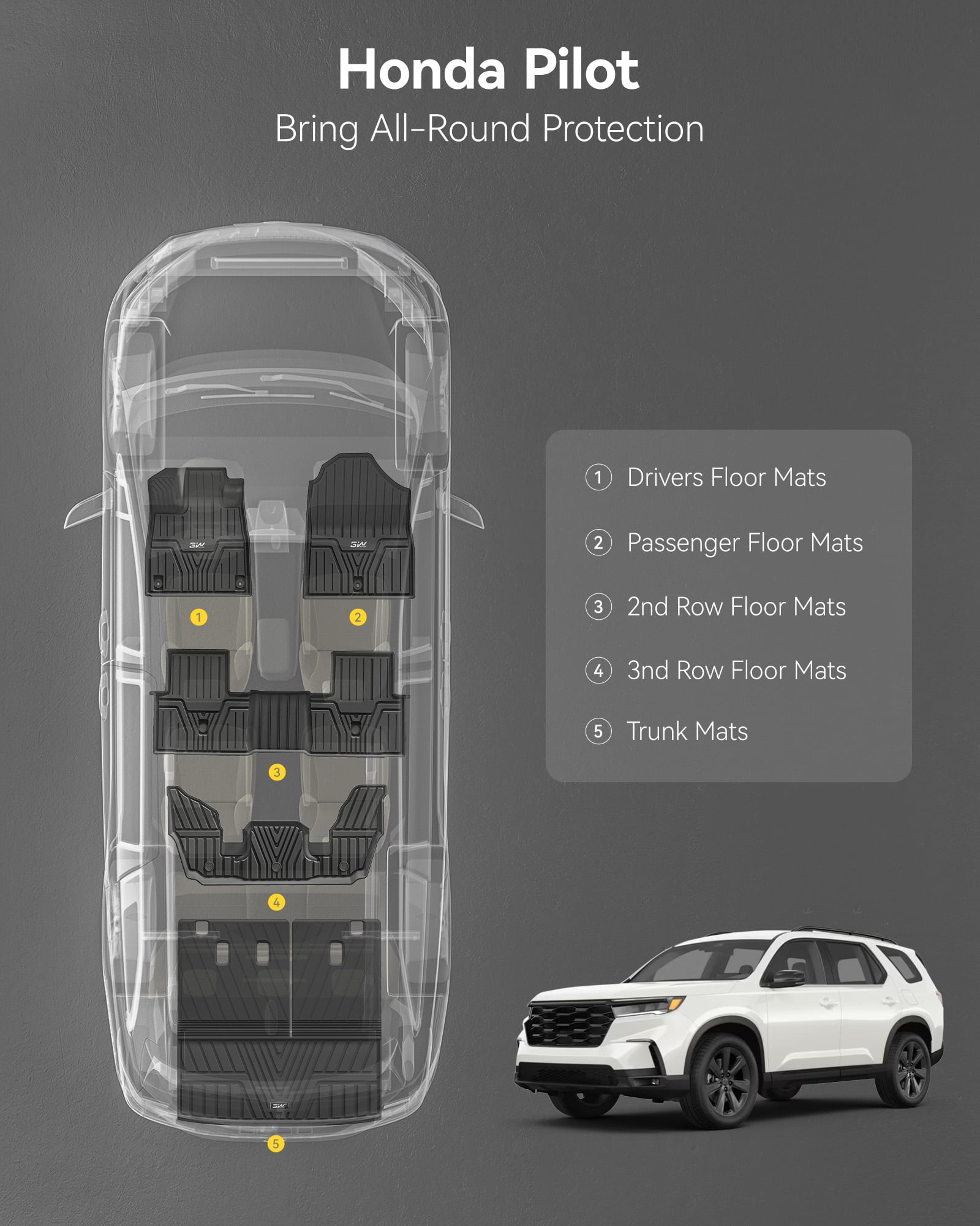 3W Floor Mats & Cargo Liner & Back Seat Cover For Honda Pilot 2023 2024 2025 Custom Fit All Weather Car Mats,Honda Pilot Accessories Odorless Anti-Slip TPE Full Set Floor Liners
