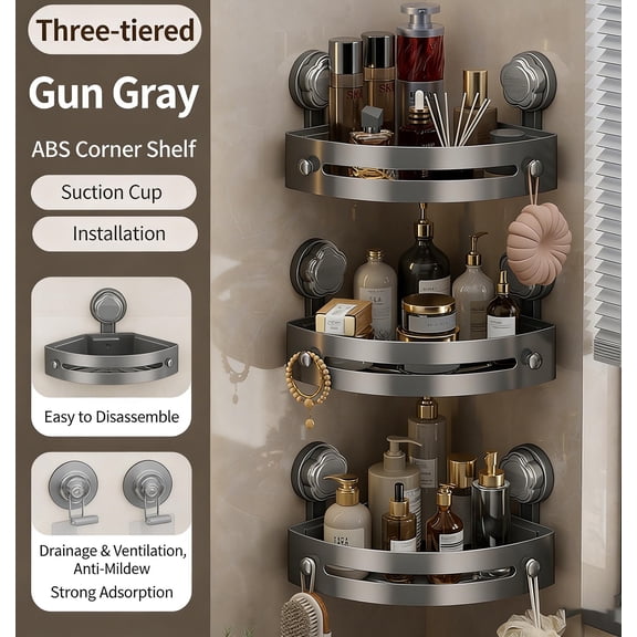 3-Tier Corner Shower Caddy with Powerful Suction Cup, No Drilling Shower Shelves Organizer, Large Capacity Waterproof Rustproof Bathroom Storage Shelf for Bathroom/Shower - Gray
