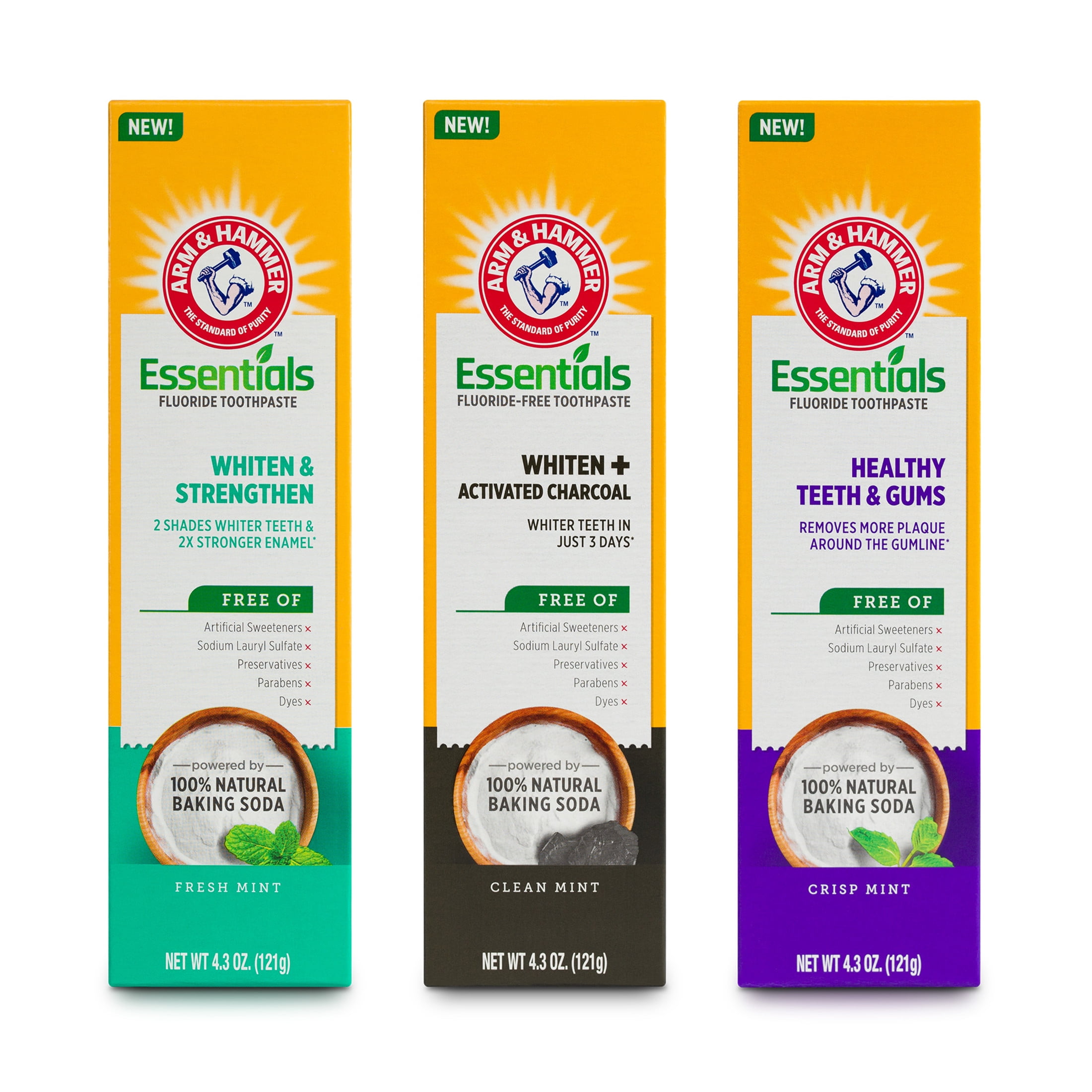 (2 pack) ARM & HAMMER Essentials Fluoride-Free Toothpaste Whiten + Activated Charcoal-One  4.3oz Tube, Clean Mint- 100% Natural Baking Soda