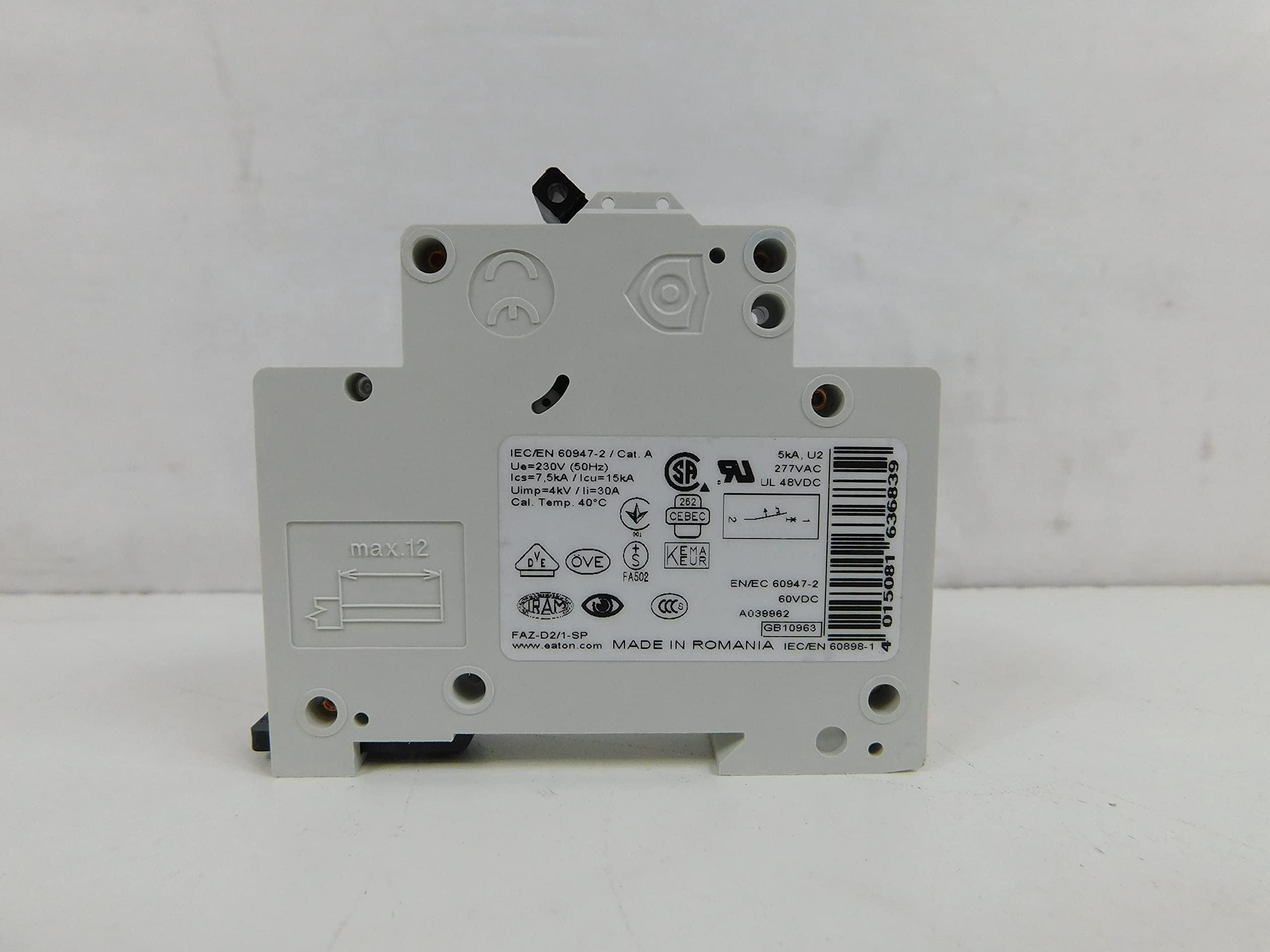 Eaton/Cutler Hammer FAZ-D2/1-SP Supplementary Protector 2 Amp 277 Volt AC 48 Volt DC 1-Pole DIN Rail Mount