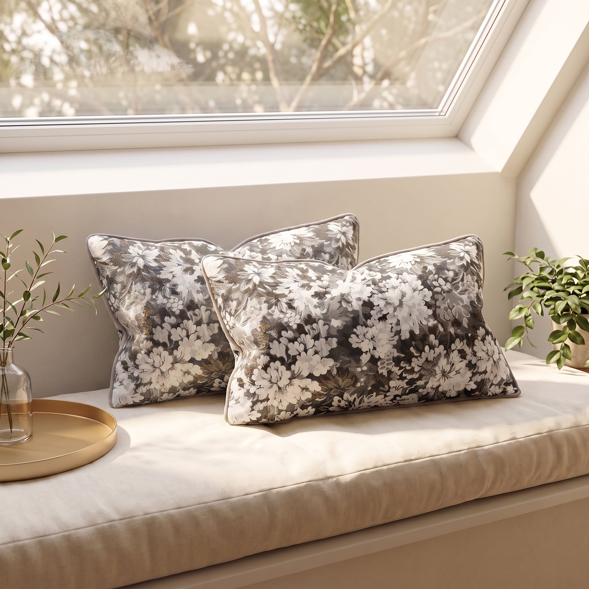 Unique Bargains Floral Throw Pillow Cover with Piped Edge Decor Cushion Case Grey 20"x12"