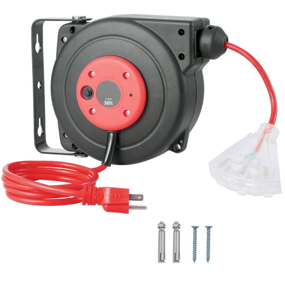 KFFKFF 30 ft Pull-Out Power Cable Reel, 16AWG/3C SJTOW Retractable Cord Reel with Illuminated Triple Tap Outlet 10 Amp Circuit Breaker 4.5FT Initial Cord, Ceiling / Wall Installation
