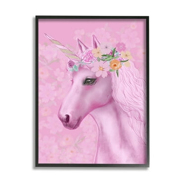 Stupell Industries Floral Pattern Pink Unicorn Adorable Mythical Creature Kids Painting Black Framed Art Print Wall Art, 11 x 14, Design by JunCo. Studio