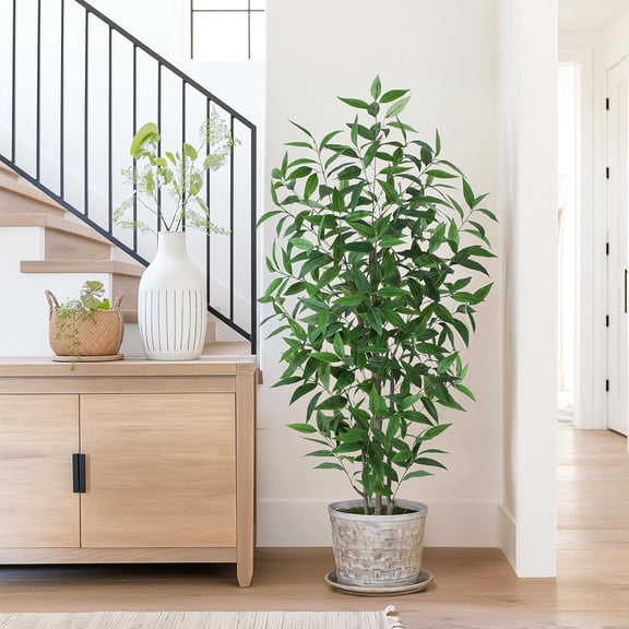 Ficus Artificial Tree - 5FT Faux Eucalyptus Trees with Pots, Green Lifelike Leave for Fake Floor Plant, Realistic Artificial Plants Indoor Outdoor Office