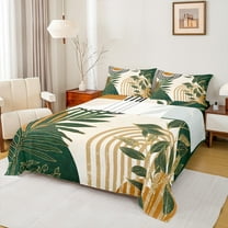 Manfei Green Leaf Plant Twin Sheet Sets, Mid Century Fashion Twin Fitted Sheet, Minimalst Geometric Flat Sheet, Breathable Home Decor, 3pcs