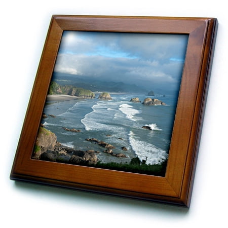 3dRose The Oregon coast and Cannon Beach from Ecola State Park, Oregon. - Framed Tile, 6 by
