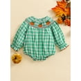 thumbnail image 3 of ZINTAOZT Toddler Baby Girl Halloween Clothes Plaid Pumpkin Romper Long Puff Sleeve Bodysuit One Piece Fall Outfit 0-3T, 3 of 8
