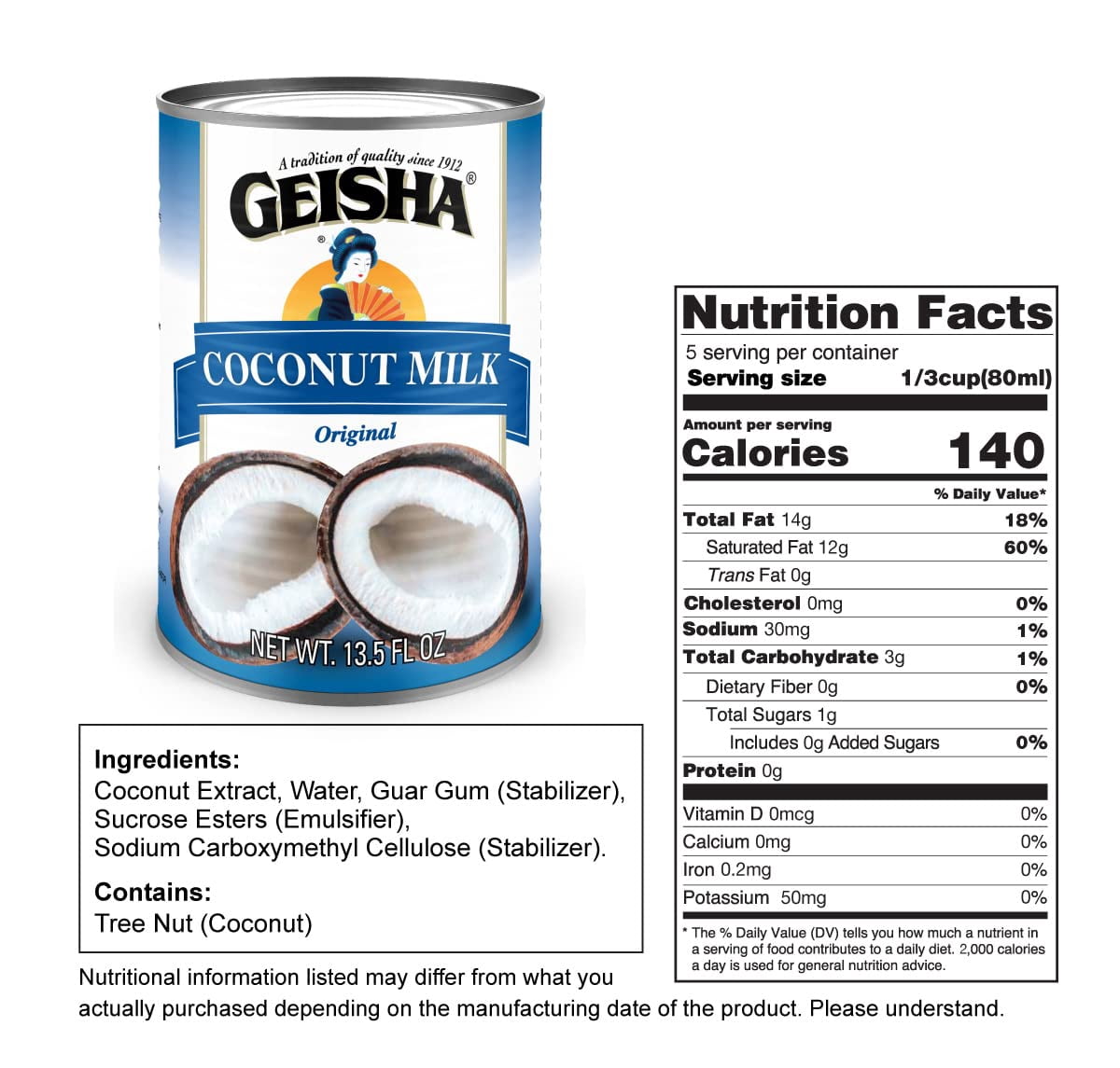 GEISHA Coconut Milk 13.5 FL OZ. (Pack of 12), Original Coconut milk | No Trans Fat － No Sugar Added － Gluten Free－Dairy Alternative Coffee Creamer－Made in Thailand