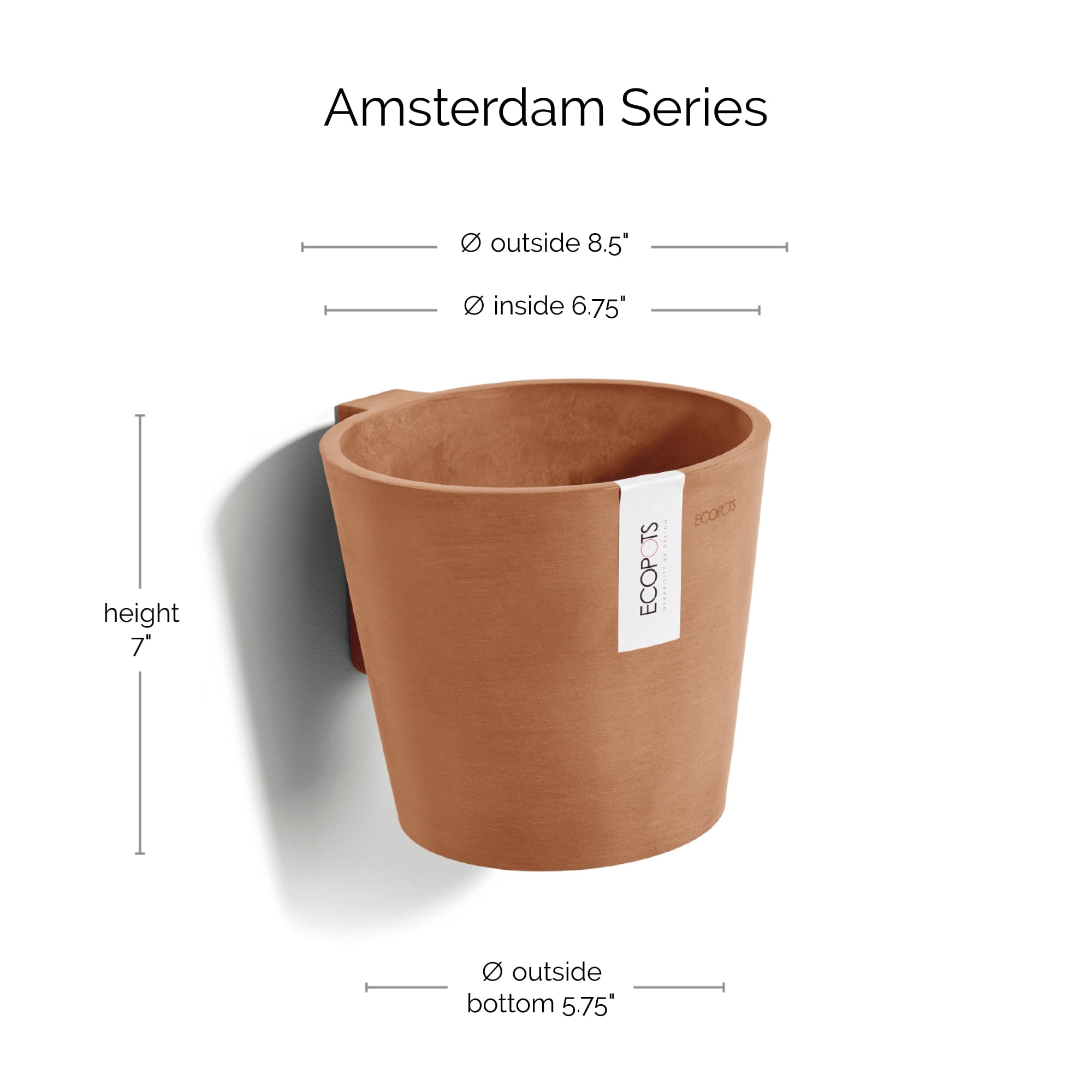 Ecopots Amsterdam Wall Durable Modern Round Indoor/Outdoor Recycled Based Composite Hanging Flower Pot Planter, Terracotta Color, 8"