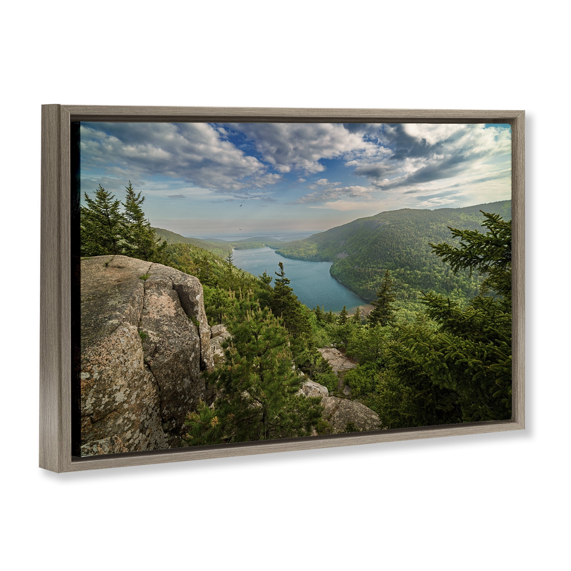 Stupell Industries Lake View Over Mountains Landscape & Nature Photography Brown Floater Framed Canvas Art Print Wall Art, 25 x 17