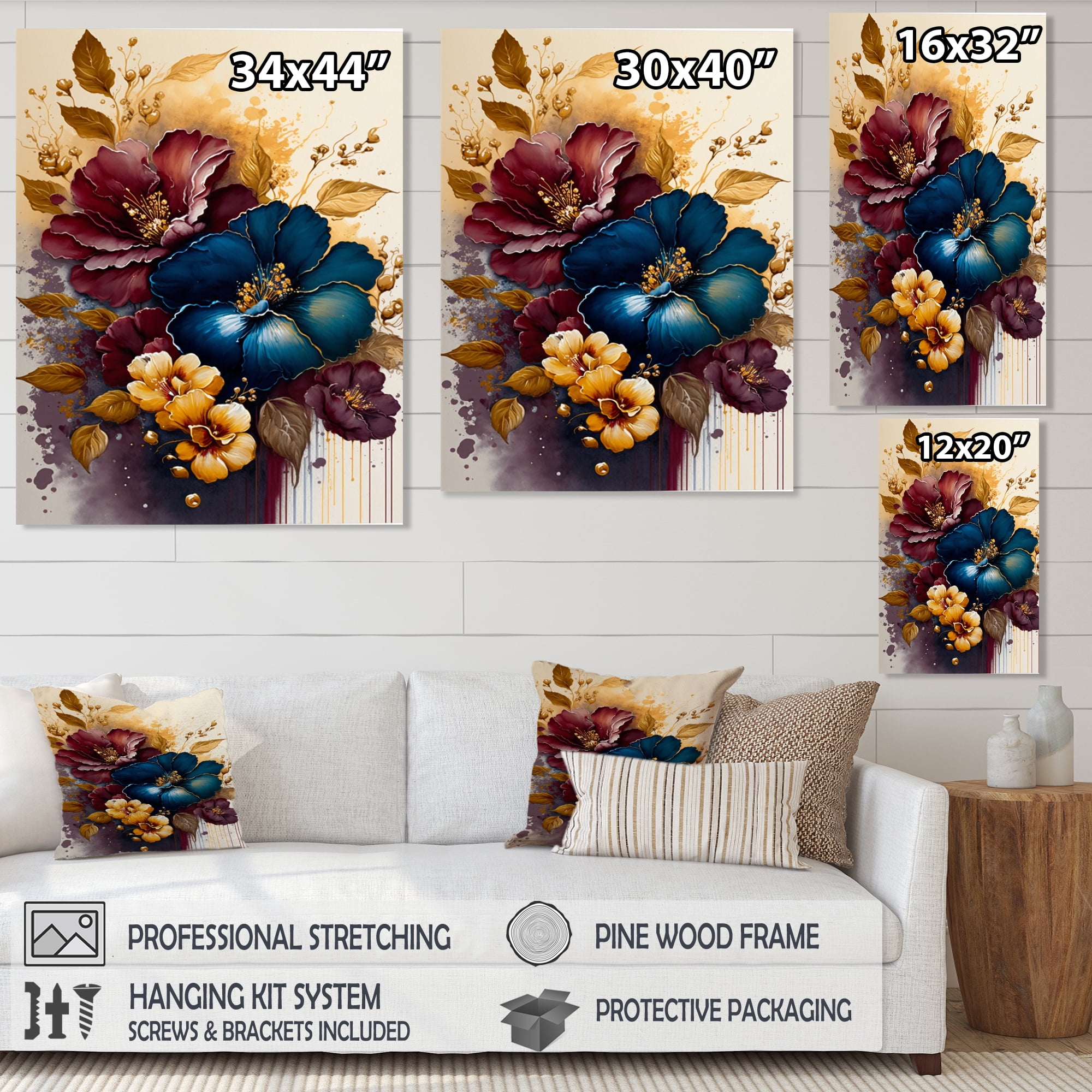 Designart Burgundy And Blue Hibiscus Bunch III Canvas Wall Art