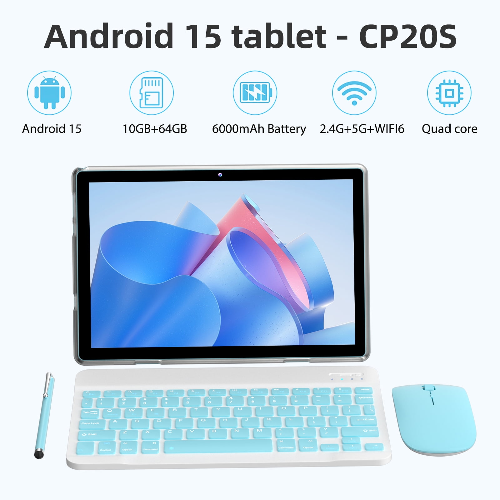 Peicheng 10" Android 15 Tablet, 10(4+6Expand)GB RAM+64GB ROM Tablet Kit with Protective Case/Stylus/Keyboard/Mouse, 2+8MP Dual Camera, 6000mAh Battery (1set, Silvery-blue)