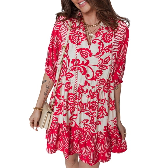 Women's Red Floral Mini Dress – Casual Bohemian V Neck Half Sleeve for Summer Outings, XL
