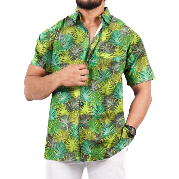 LA LEELA Mens Hawaiian Shirts Short Sleeve Button Down Shirt Men's Tropical Shirts Casual Holiday Summer Party Caribbean Shirts for Men Funny L Emerald, Leaves