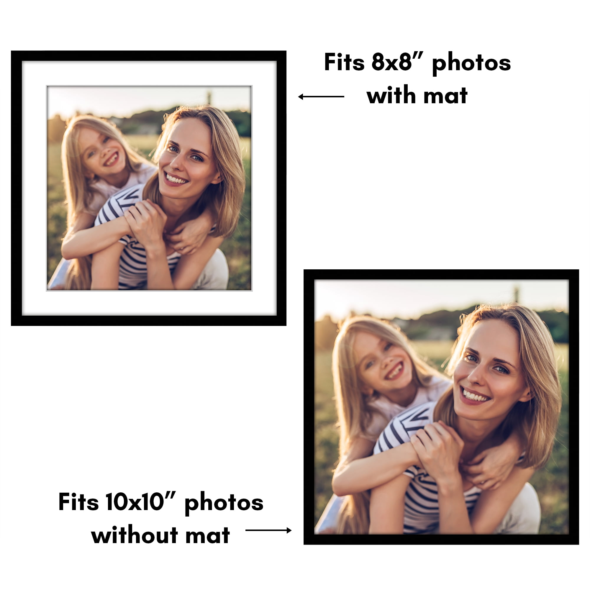 Americanflat 10x10 Picture Frame with Shatter-Resistant Glass with 8x8 Mat Display Photo Streamline - Black