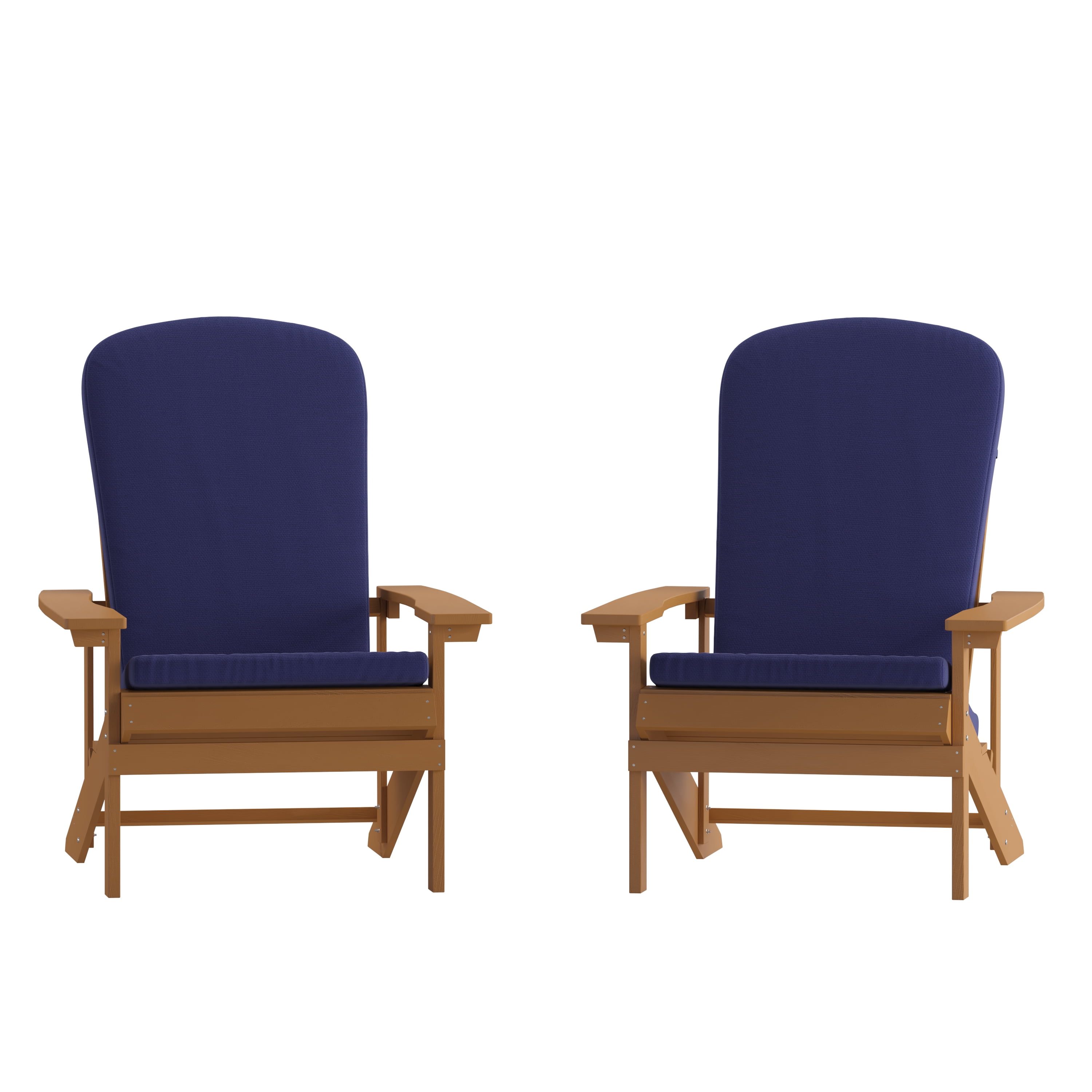 BizChair Set of 2 All-Weather Poly Resin Wood Adirondack Chairs in Teak with Blue Cushions for Deck, Porch, and Patio