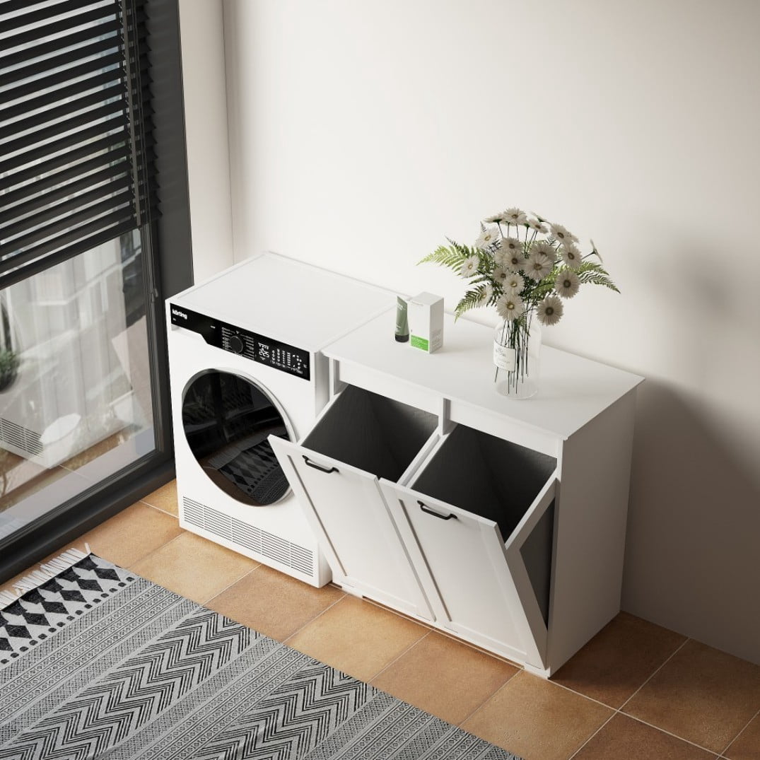 30"H Laundry Hamper Cabinet with 2 Removable Liner Bags, Double Laundry Sorter Cabinet, Freestanding Clothes Storage Organizer, White