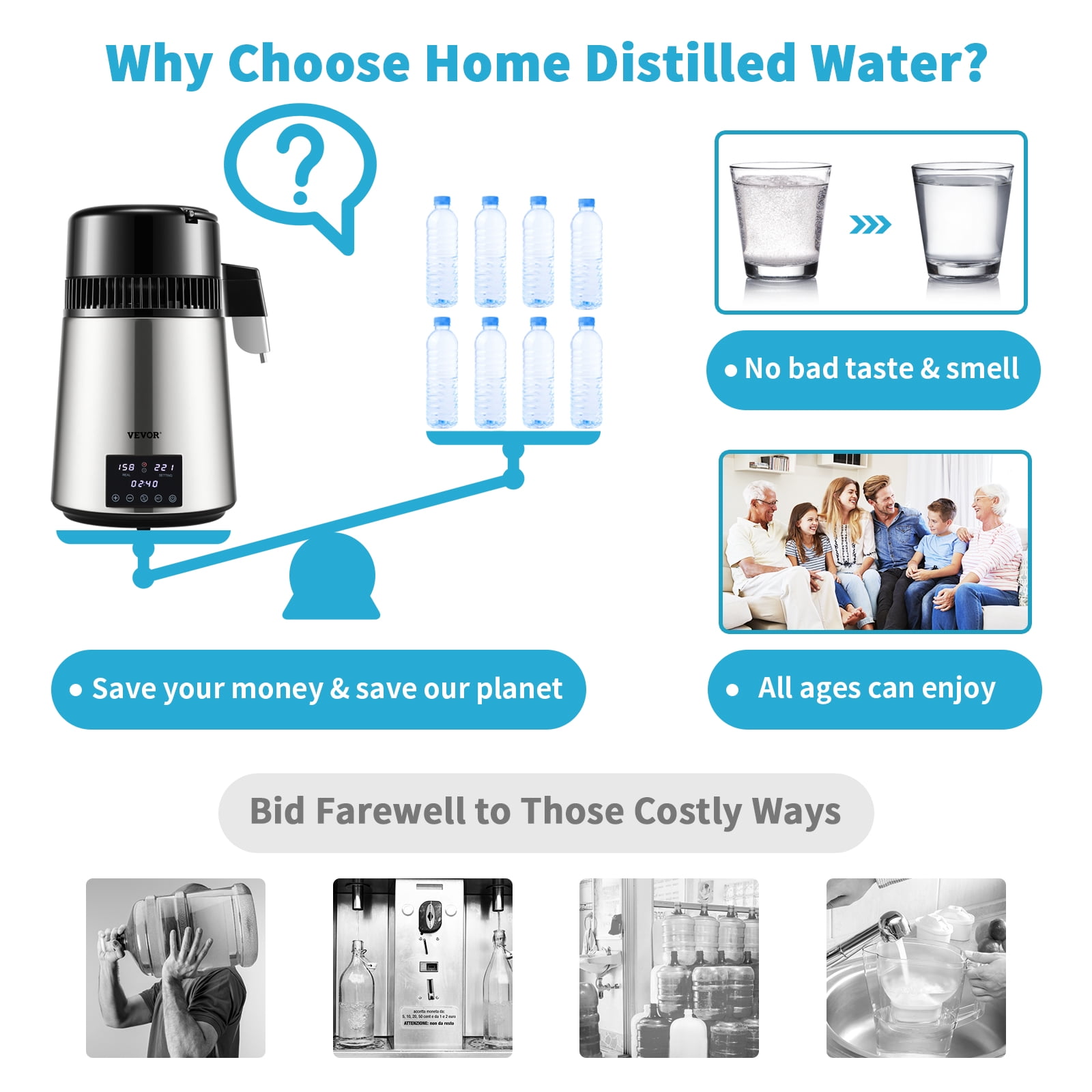 VEVOR 1.1Gal Water Distiller, 0.4Gal/H, 1750W Distilled Water Maker Machine 0-99H Timing Dual Temp Display, 304 Stainless Steel Countertop Distiller Glass 3 Carbon Packs, Silver