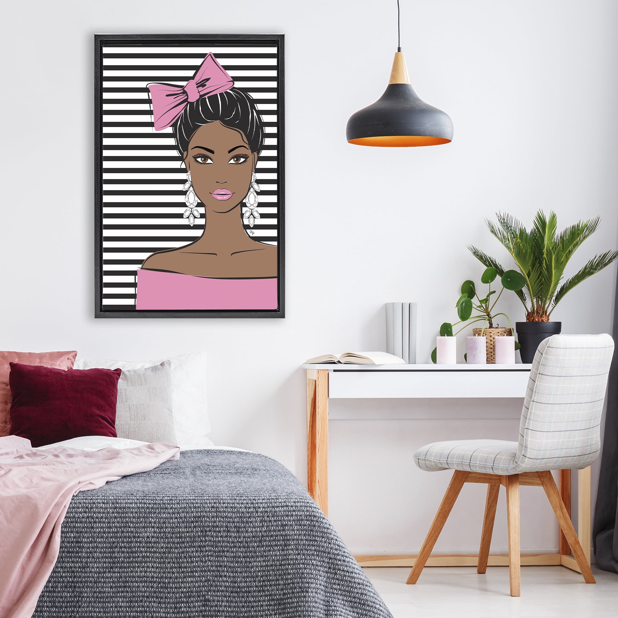 Stupell Industries Girl with Bow & Jewel Earrings Black Framed Floater Canvas Wall Art, design by Martina Pavlova