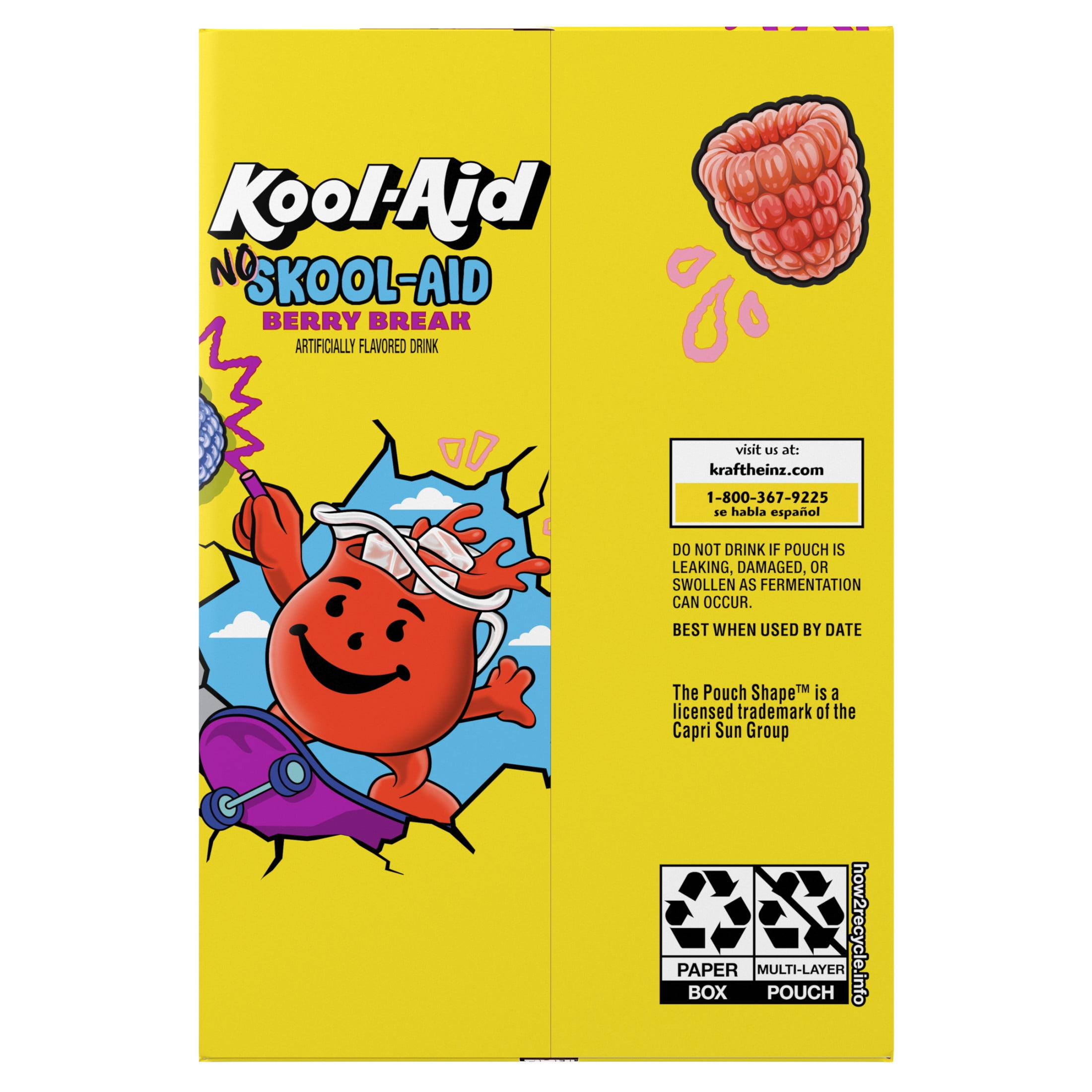 Kool-Aid No Skool-Aid Artificially Flavored Drink, 10 Pouches, for School Lunches and On-the-Go Hydration, Berry Break Artificially Flavored, Excellent Source of Vitamin C, 6 fl oz