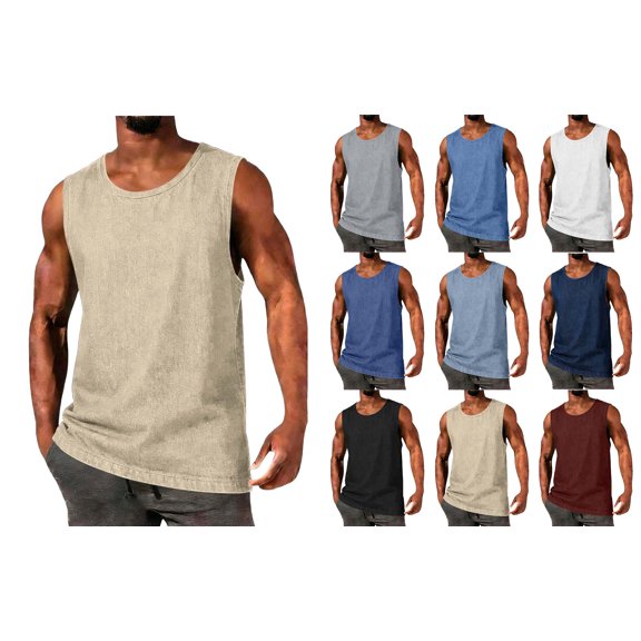 HAOTAGS Men’s Casual Tank Top, Summer Round Neck Pullover Sleeveless Fitness Top Khaki L