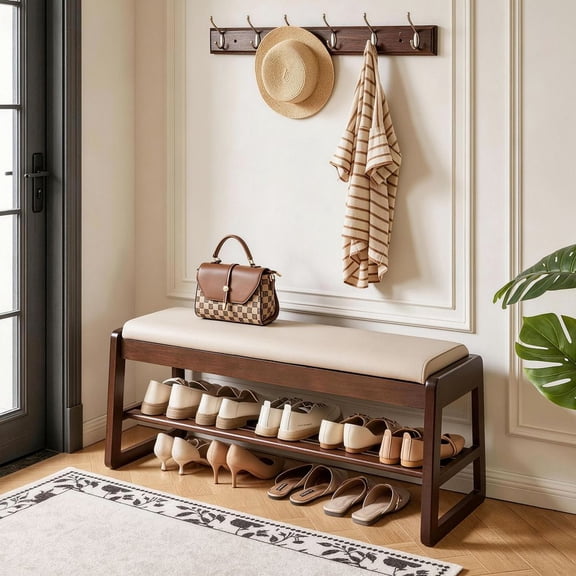 YINGYING 31.5" Wood Shoe Storage Bench, Tiered Entryway Organizerwith Vegan Leather Seat and Hidden Lift Top