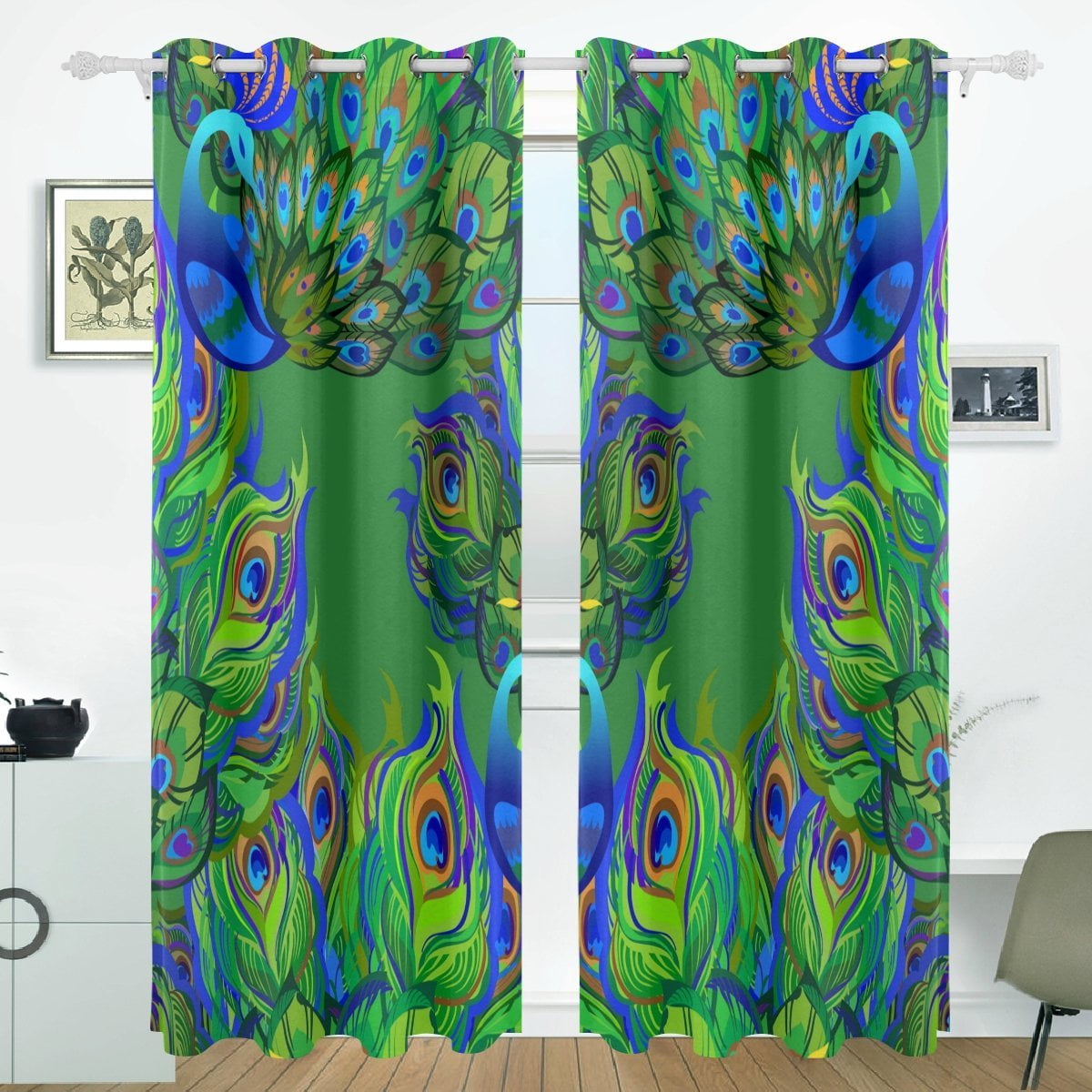 POPCreation Green Peacock Feathers Abstract Pattern Window Curtain