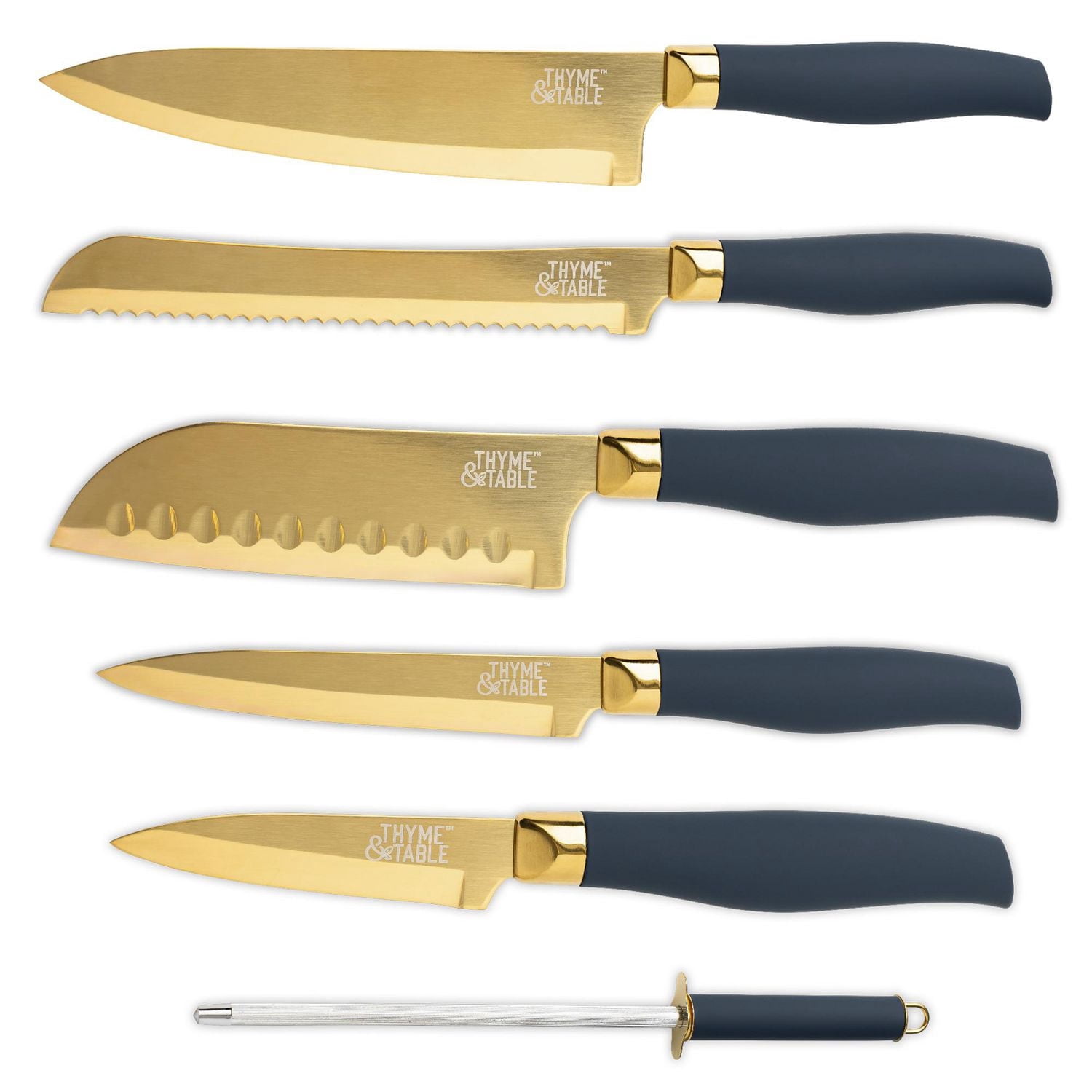 Thyme & Table 7-Piece Slim Block Knife Set with Gold Blades and Blue Block
