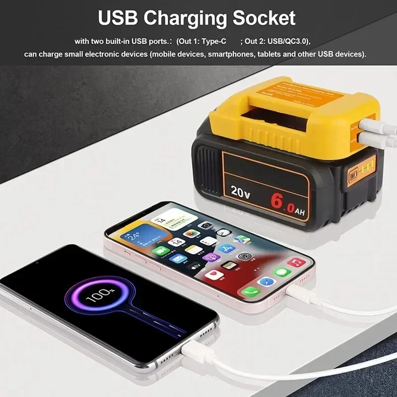 USB Charger Adapter for Dewalt 18V 20V Lithitum Battery Portable Type-C Port Fast Charging Battery Storage Rack Holder Case