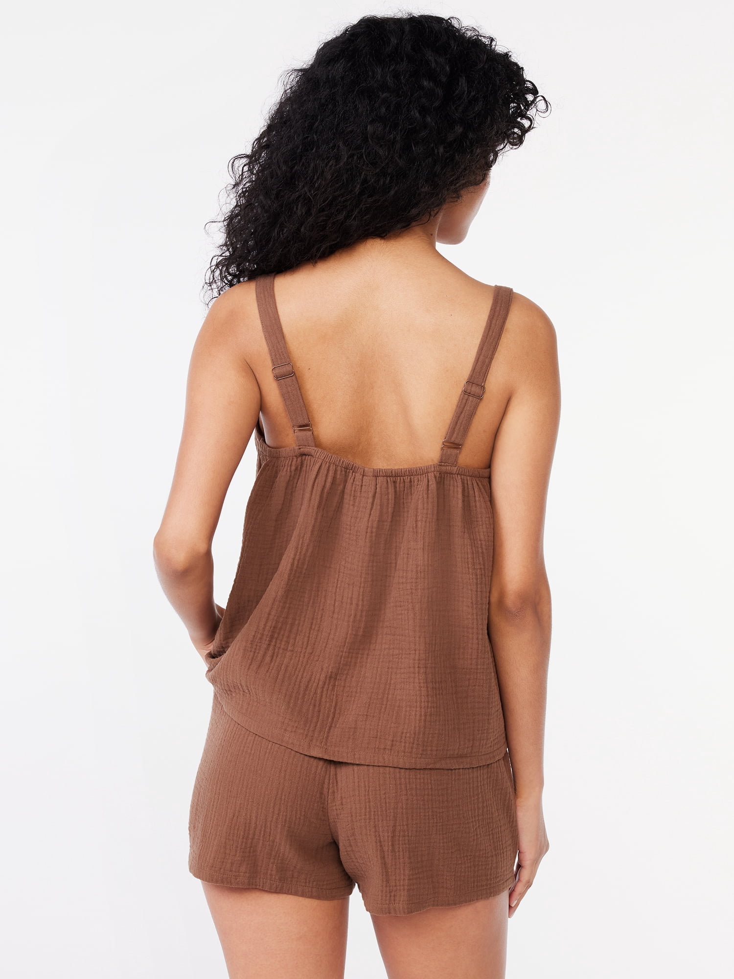 Joyspun Women's Gauze Smocked Cami Top and Shorts Sleep Set, Brown Latte, Sizes S to 3X