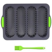 Silicone Baguette Pan, Perforated Baguette Tray with Brush for Baking French Bread Loaf Hot Dog, 4 Gutte, Non-stick, Easy to Clean