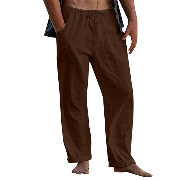 Ahabrexf Linen Trousers for Men, Solid Color, Casual, Pants, Khaki 98% Linen 2% Spandex
