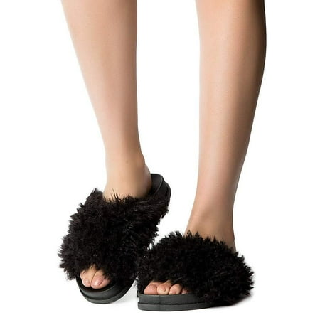 

Cape Robbin Fuzzy Vegan Shearling Open Toe Footbed Slip On Sandal Black - 9