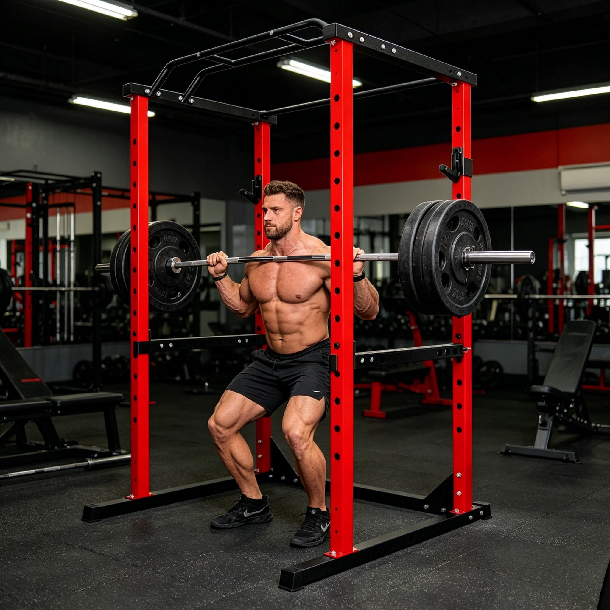 Red Power Cage, 1.8mm Steel Power Rack, Adjustable Squat Rack for Home Fitness Studio, Gym Training Space, Personal Workout