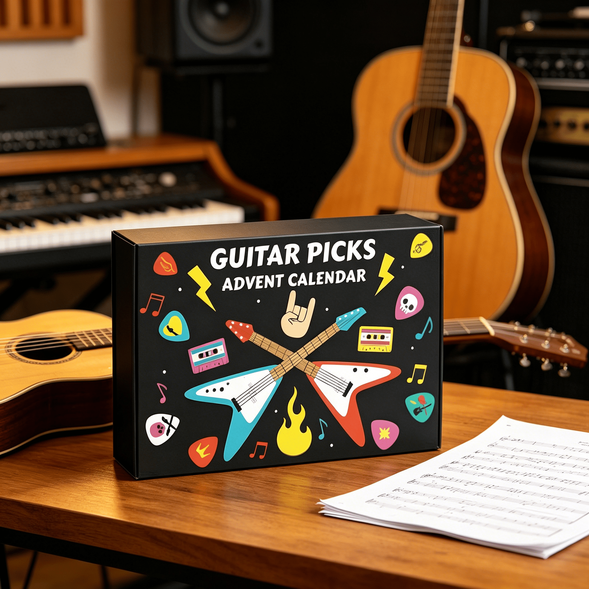 BESTSKY 2026 New Guitar Picks Advent Calendar ,24-Day Countdown with Celluloid/Wood/Oud Picks,Pick Holder&Metal Tin Case,For Guitar,Bass,Ukulele Players for Guitar,Bass,Ukulele(48Pcs)