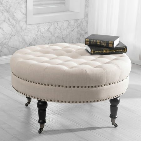 Microfiber Ottoman Wheels Belleze Beige Linen 33-inch Tufted Round Accent Ottoman Foot Stool Large w/ Caster Wheel, Beige ()
