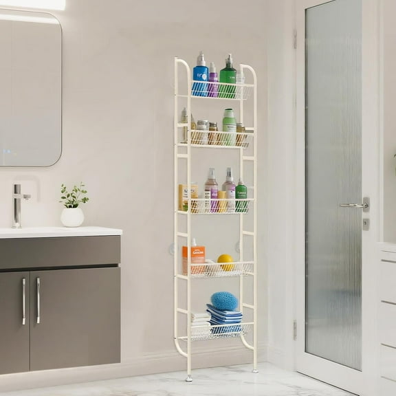 Behind The Door Storage 5 Tiers Narrow Wall Shelf, Space-Saving Behind Door Storage, Slim Metal Shelf for Kitchen Bathroom Living Room, Off-White