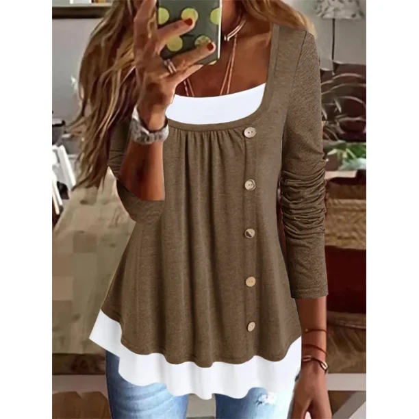 Camiseta informal de empalme con botones para mujer, jersey de cuello redondo de moda, camisetas de algodón de manga larga fruncidas, Tops sueltos, ropa femenina