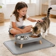 thumbnail image 5 of Elevated Cat Bowls with Food Mat, Splash Proof Anti Vomiting Raised Cat Food and Water Bowl Set, 2 Stainless Steel Dishes for Cats and Puppy, Pet Bowl for Indoor Cats White, 5 of 6