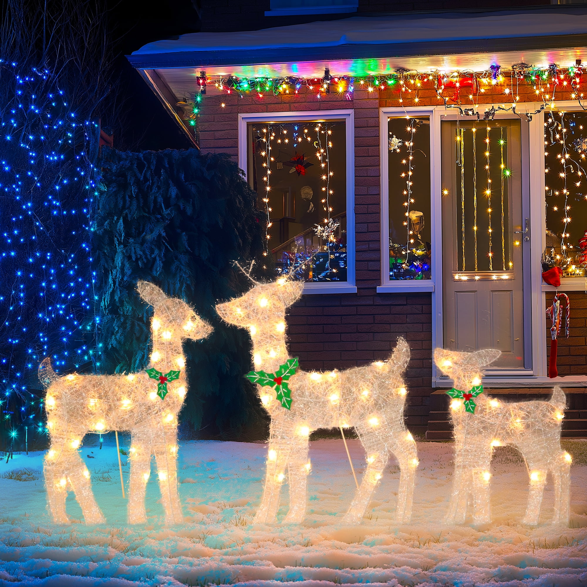 KUETH 3-Piece Outdoor XMAS Decor: 3D Pre Lit Deer Family