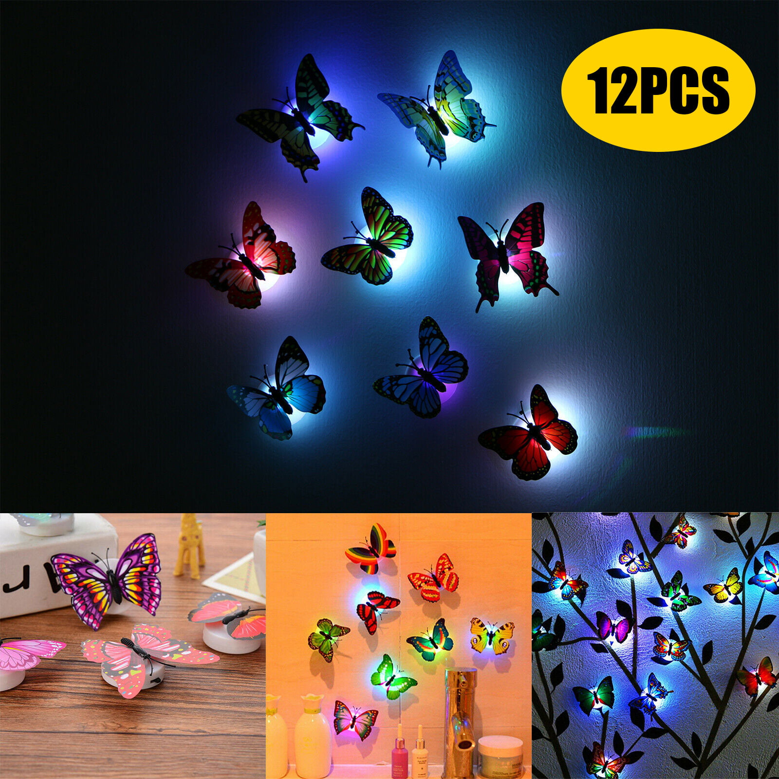 12Pcs Glowing 3D Butterfly LED Wall Stickers Night Light Bedroom DIY Home Decor 