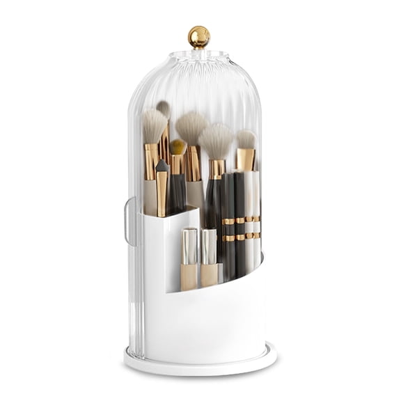 White 3 Slots Makeup Brush Organizer with Clear Lid, 360° Rotating Makeup Brush Holder Stand, No Assembly Toothpaste Toothbrush Holders with Cover for Bathroom Vanity Desktop