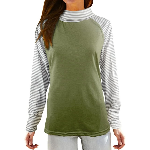 Womens Shirt Womens Striped Tee Womens Ladies Stripe Panel Raglan Long Sleeve Tee Shirt Mid Turtleneck Print Microfleece Top Adult Female Clothes Green Size XL