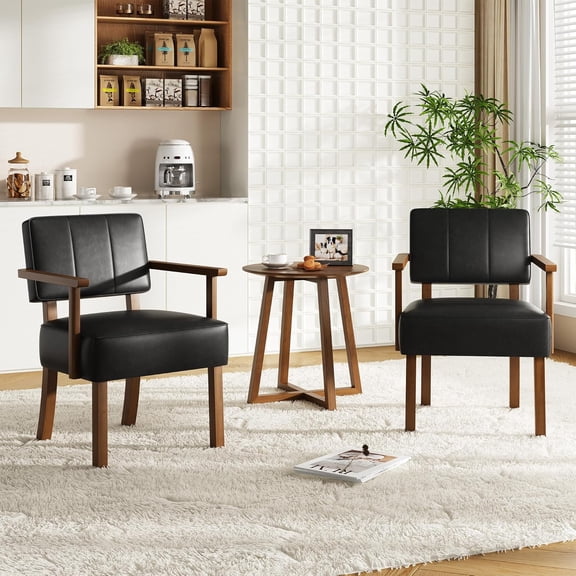 Set of 2 Mid Century Modern Accent Chairs, Black Faux Leather Armchairs with Vertical Tufted Back, Upholstered Lounge Chair Set with Wood Frame for Living Room & Bedroom