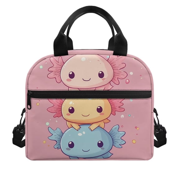 Pzuqiu Cute Axolotl Print Insulated Lunch Tote Bag, Washable Spacious Thermal Lunch Box with Adjustable Shoulder Strap for School Travel Picnic, Leakproof Durable Cooler Bag