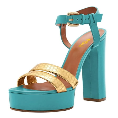 

FSJ Women Chunky Block Platform High Heels Sexy Open Toe Ankle Strap Sandals Fashion Strappy Wedding Party Evening Dance Summer Pumps Size 5 Teal